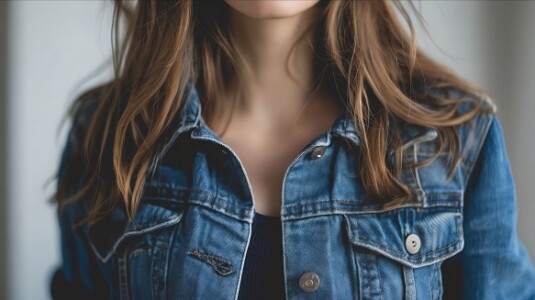 A woman in a denim jacket looking at the camera.